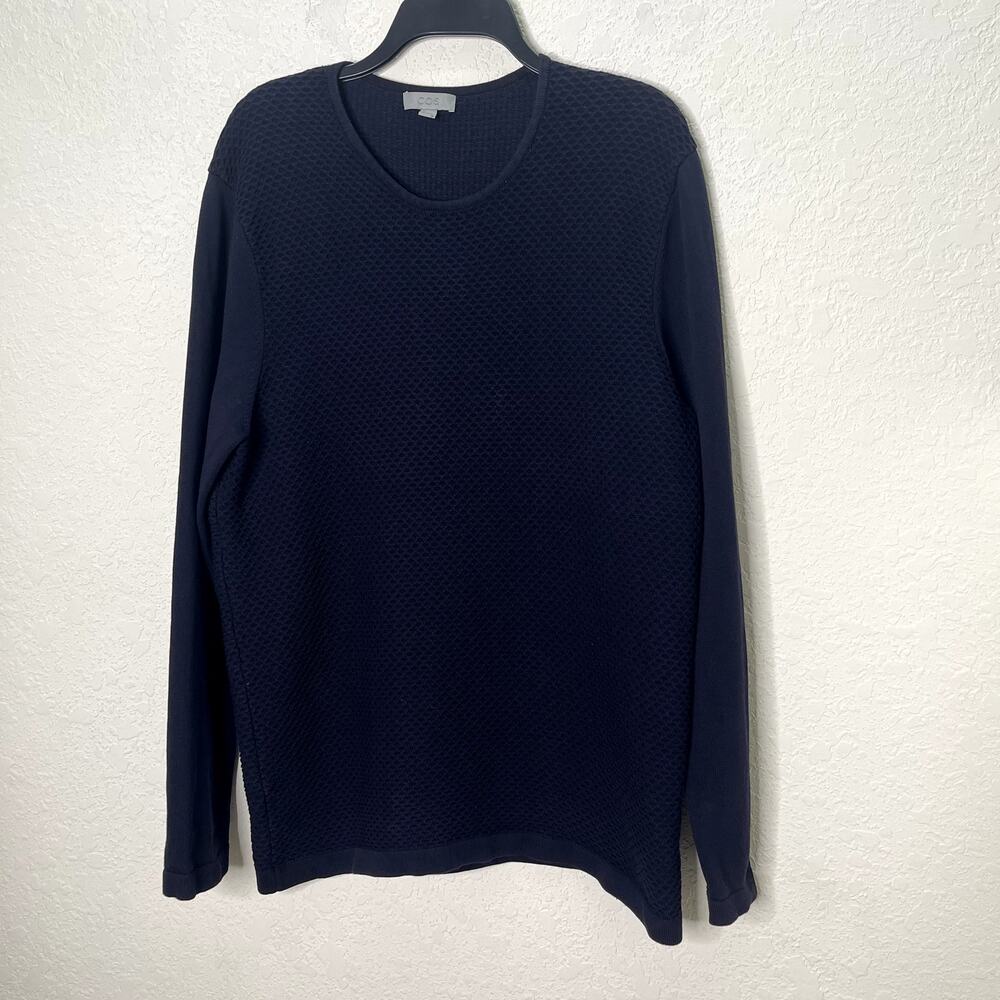 COS Womens L Navy Blue Textured Knit 100% Cotton Long Sleeve Sweater